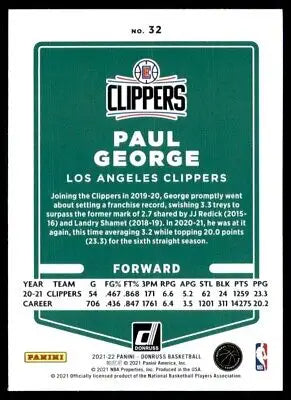 Basketball card back of 2021-22 Panini Donruss Paul George Los Angeles Clippers #32