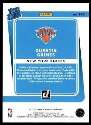 Basketball card back of 2021-22 Panini Donruss Quentin Grimes New York Knicks #216