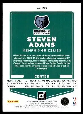 Steven Adams basketball card from 2021-22 Panini Donruss Memphis Grizzlies #193