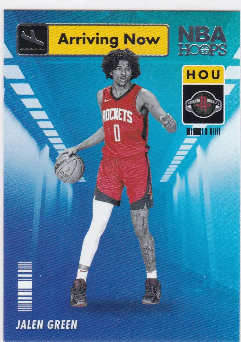 Basketball player in red Houston Rockets jersey 0 for Panini Hoops Jalen Green RC arriving