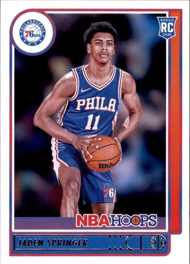 Jaden Springer rookie card from 2021-22 Panini Hoops Philadelphia 76ers NBA collection