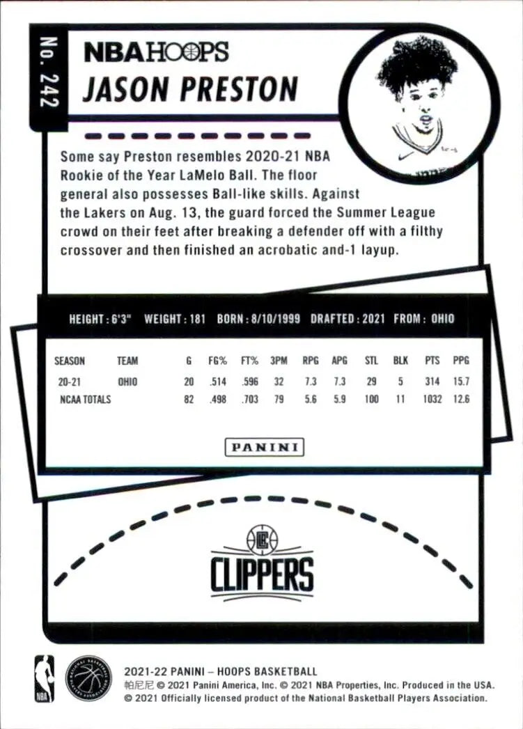 2021-22 Panini Hoops Jason Preston Rookie Card for Los Angeles Clippers NBA Fans