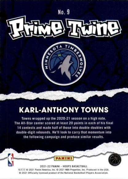 Back view of 2021-22 Panini Hoops Prime Twine Karl Anthony Towns basketball card