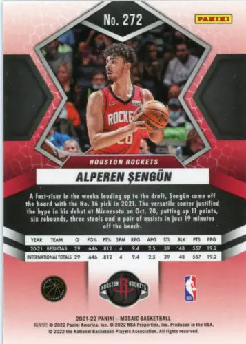 2021-22 Panini Mosaic Alperen Sengun Rookie Card for Houston Rockets NBA collectors