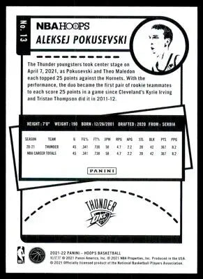 Aleksej Pokusevski basketball card from 2021-22 Panini NBA Hoops Oklahoma City Thunder