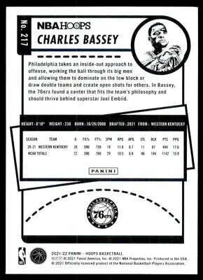 2021-22 Panini NBA Hoops Charles Bassey Rookie Card for Philadelphia 76ers #217