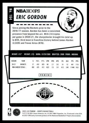 Eric Gordon basketball card back from 2021-22 Panini NBA Hoops #164 Houston Rockets