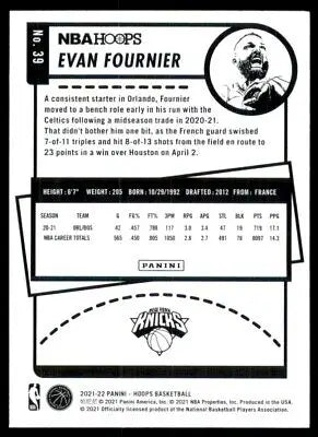 Basketball card back of 2021-22 Panini NBA Hoops Evan Fournier New York Knicks #39