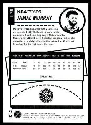 Jamal Murray basketball card from 2021-22 Panini NBA Hoops Denver Nuggets set