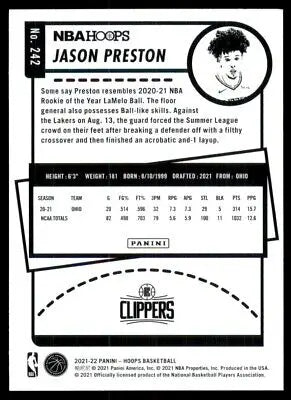 Jason Preston basketball card from 2021-22 Panini NBA Hoops Los Angeles Clippers #242