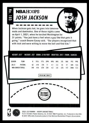 Basketball card back of 2021-22 Panini NBA Hoops Josh Jackson Detroit Pistons #185