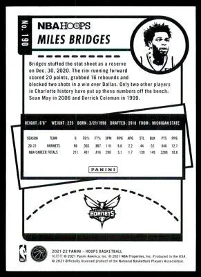 Miles Bridges basketball card back from 2021-22 Panini NBA Hoops Charlotte Hornets #190