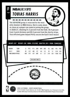 Back of 2021-22 Panini NBA Hoops Tobias Harris Philadelphia 76ers #7 basketball card