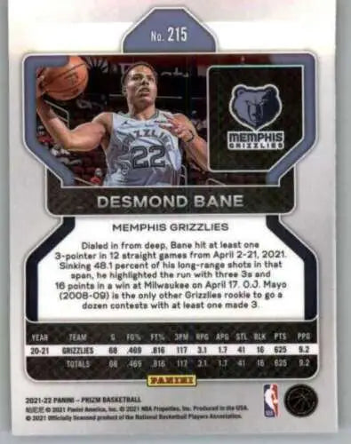 2021-22 Panini Prizm #215 Desmond Bane NM-MT Basketball Card with original gloss finish