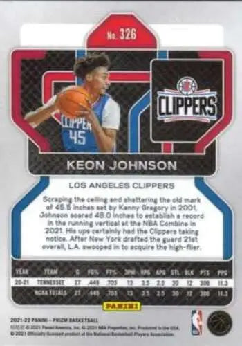 Keon Johnson 2021-22 Panini Prizm #326 trading card with original gloss, Clippers collectible