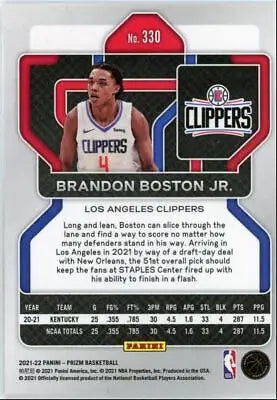 Brandon Boston Jr. basketball card from 2021-22 Panini Prizm, Los Angeles Clippers #330