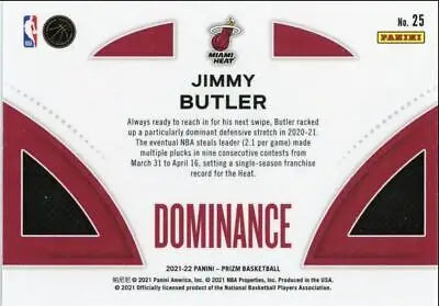 Basketball card back of 2021-22 Panini Prizm Dominance Jimmy Butler Miami Heat #25