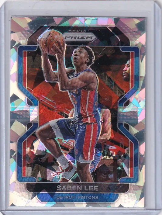 Basketball trading card of Saben Lee in blue and red uniform for Panini Prizm Ice