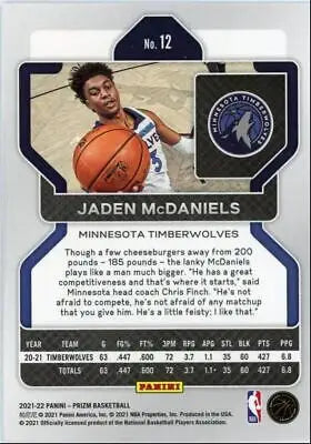 Basketball trading card of Jaden McDaniels from 2021-22 Panini Prizm, Minnesota Timberwolves