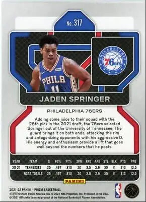 Jaden Springer Rookie Basketball Card from 2021-22 Panini Prizm Philadelphia 76ers #317