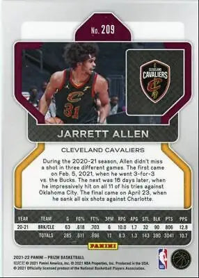 Jarrett Allen basketball card from 2021-22 Panini Prizm featuring the Cleveland Cavaliers