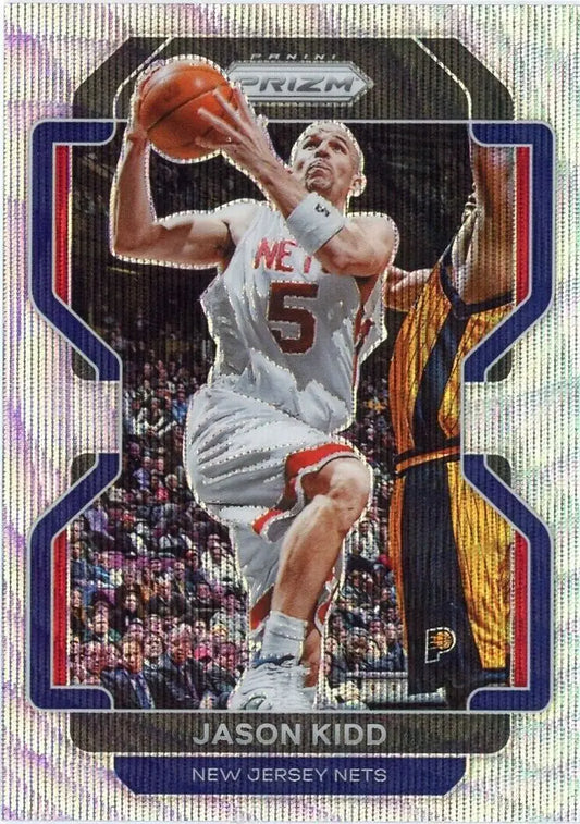 Basketball trading card of Jason Kidd in a white New Jersey Nets jersey, Panini Prizm