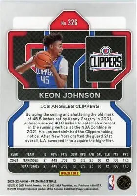 2021-22 Panini Prizm Keon Johnson Rookie Card for Los Angeles Clippers #326