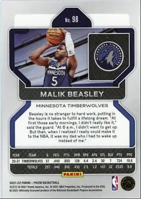 Basketball card featuring Malik Beasley from 2021-22 Panini Prizm, Minnesota Timberwolves