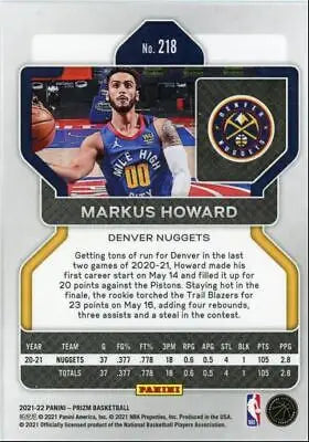 Basketball card of Markus Howard from 2021-22 Panini Prizm, Denver Nuggets #218