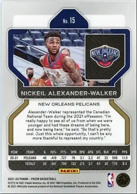 Panini Prizm Nickeil Alexander-Walker card for New Orleans Pelicans 2021-22 season