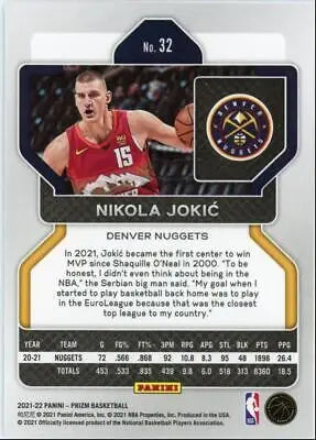 2021-22 Panini Prizm Nikola Jokic Denver Nuggets NBA Basketball Card #32 display