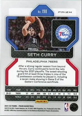 Seth Curry basketball card from 2021-22 Panini Prizm Silver Philadelphia 76ers