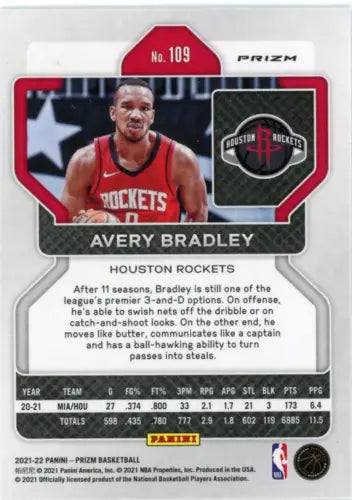 2021-22 Panini Prizm Silver Avery Bradley Houston Rockets NBA Card NM-MT