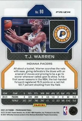 T.J. Warren basketball card from 2021-22 Panini Prizm Red White Blue #90 Indiana Pacers