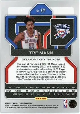 Tre Mann basketball card from 2021-22 Panini Prizm Oklahoma City Thunder #274