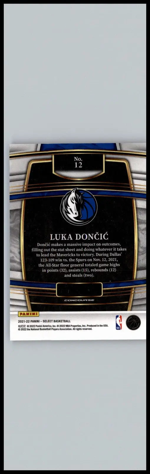 Luka Dončić basketball card from 2021-22 Panini Select Blue featuring Dallas Mavericks