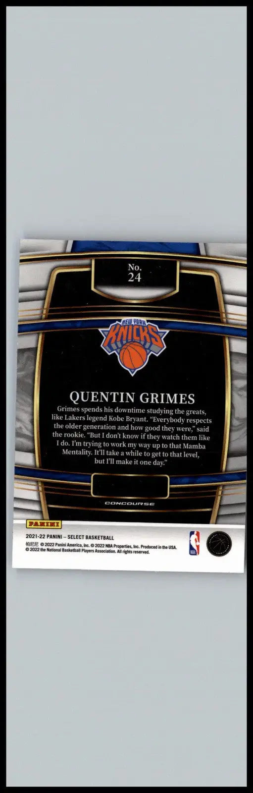 Quentin Grimes basketball card showcasing 2021-22 Panini Select Blue Prizms variant