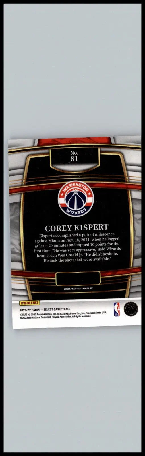 Corey Kispert basketball card from 2021-22 Panini Select Blue Retail Base Wizards