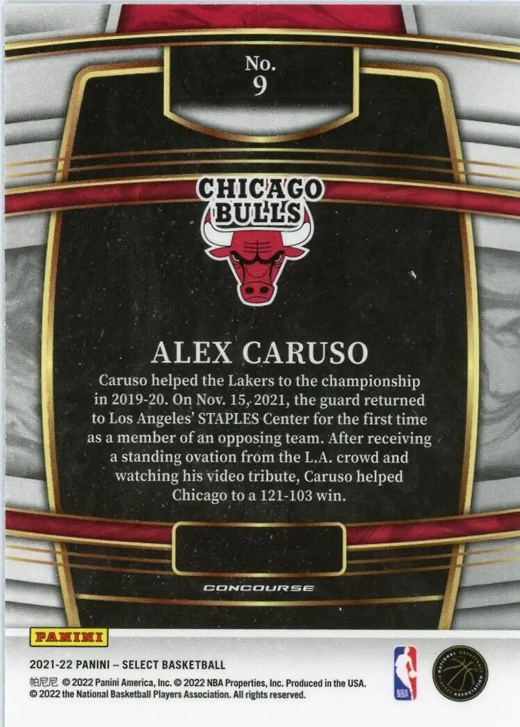 Basketball card back of 2021-22 Panini Select Alex Caruso Chicago Bulls #9