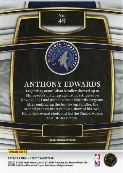 Basketball card back of 2021-22 Panini Select Anthony Edwards Minnesota Timberwolves