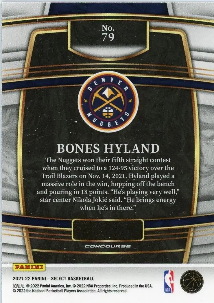 Basketball card back of 2021-22 Panini Select Bones Hyland Rookie Denver Nuggets #79