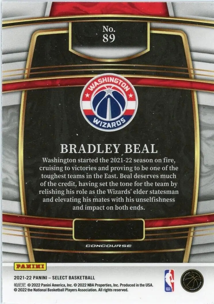 Back of 2021-22 Panini Select Bradley Beal Washington Wizards Basketball card #89