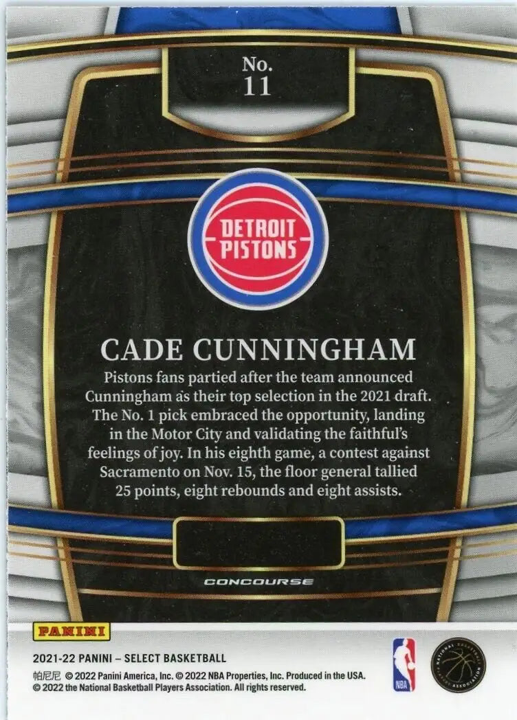 Cade Cunningham Rookie Basketball Card from 2021-22 Panini Select Detroit Pistons