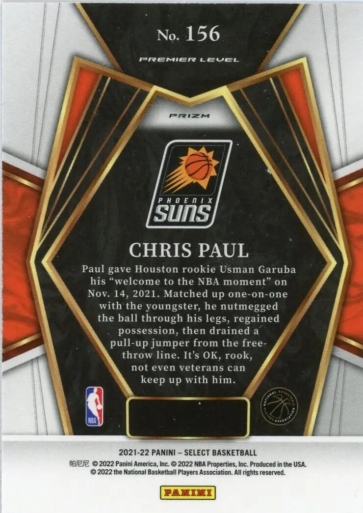 Chris Paul basketball card from 2021-22 Panini Select Orange Flash Phoenix Suns