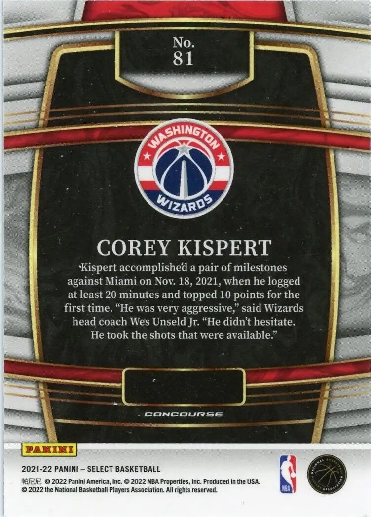 Corey Kispert Rookie basketball card from 2021-22 Panini Select Washington Wizards