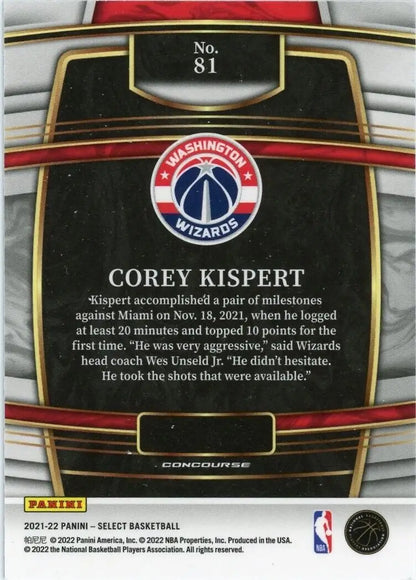 Corey Kispert Rookie basketball card from 2021-22 Panini Select Washington Wizards