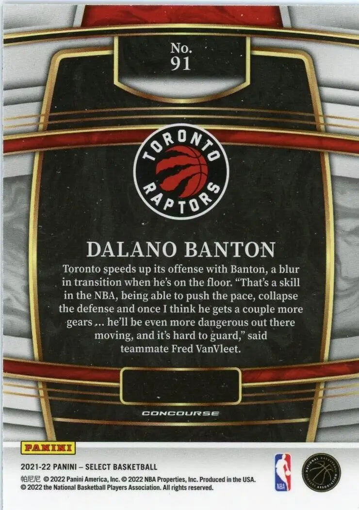 Dalano Barton Rookie Card from 2021-22 Panini Select, Toronto Raptors NBA #91