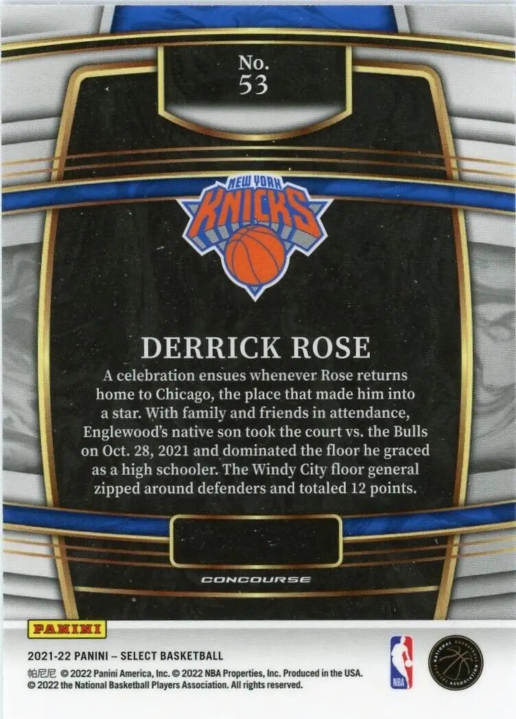 Derrick Rose basketball card from 2021-22 Panini Select New York Knicks #53