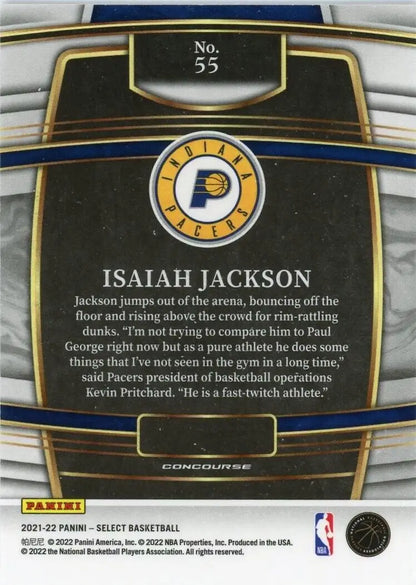 Basketball card back of 2021-22 Panini Select Isaiah Jackson Rookie for Indiana Pacers