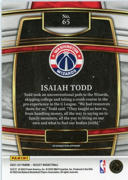 Back of 2021-22 Panini Select Isaiah Todd Rookie Basketball Card for Washington Wizards